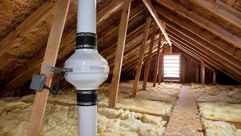 An in-line radon fan coupled into an existing vent stack in an attic, wired to a junction box