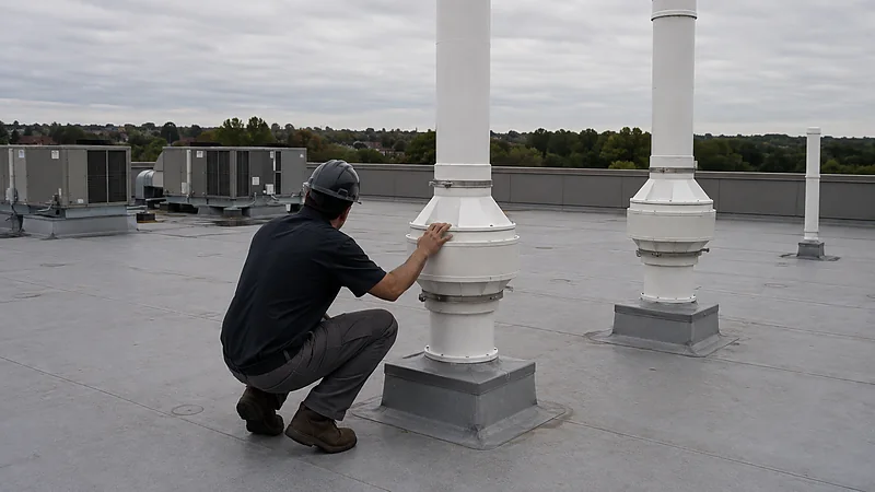 A technician checking one of several high-capacity radon exhaust fans on a commercial rooftop