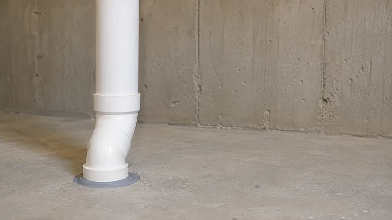 A white PVC radon vent riser sealed where it passes through a basement concrete floor slab
