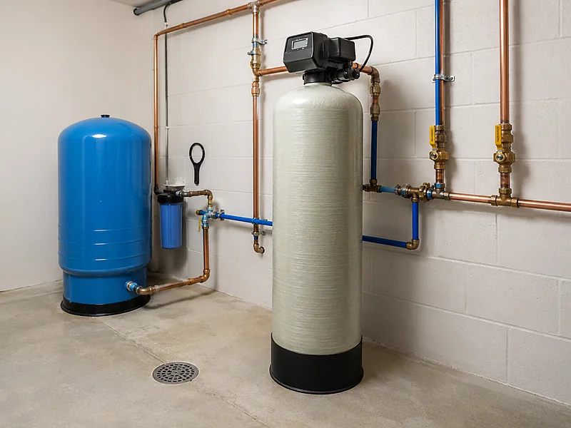 A private well pressure tank and carbon filtration tank in a home utility room